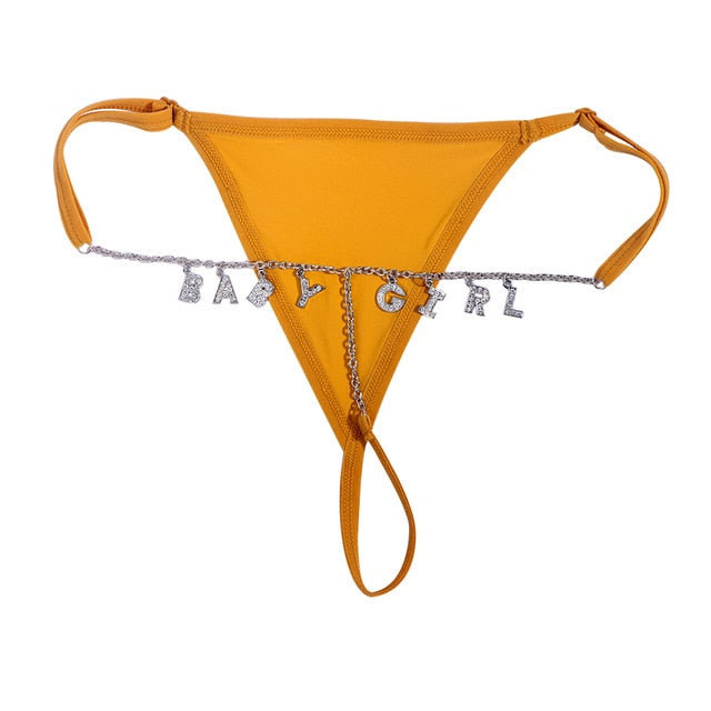 Custom Name Thong Sexy Open Gear Bikini For Women Bandage G-string  Underwear With Rhinestone Letters